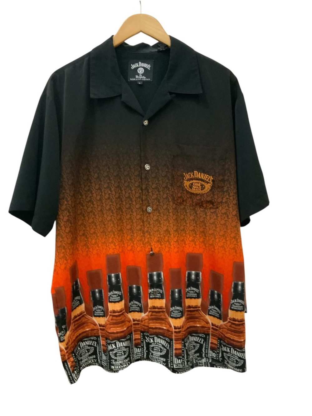 Jack Daniels Black & Orange Bottle-Print Short Sleeve Button-Up Shirt Large